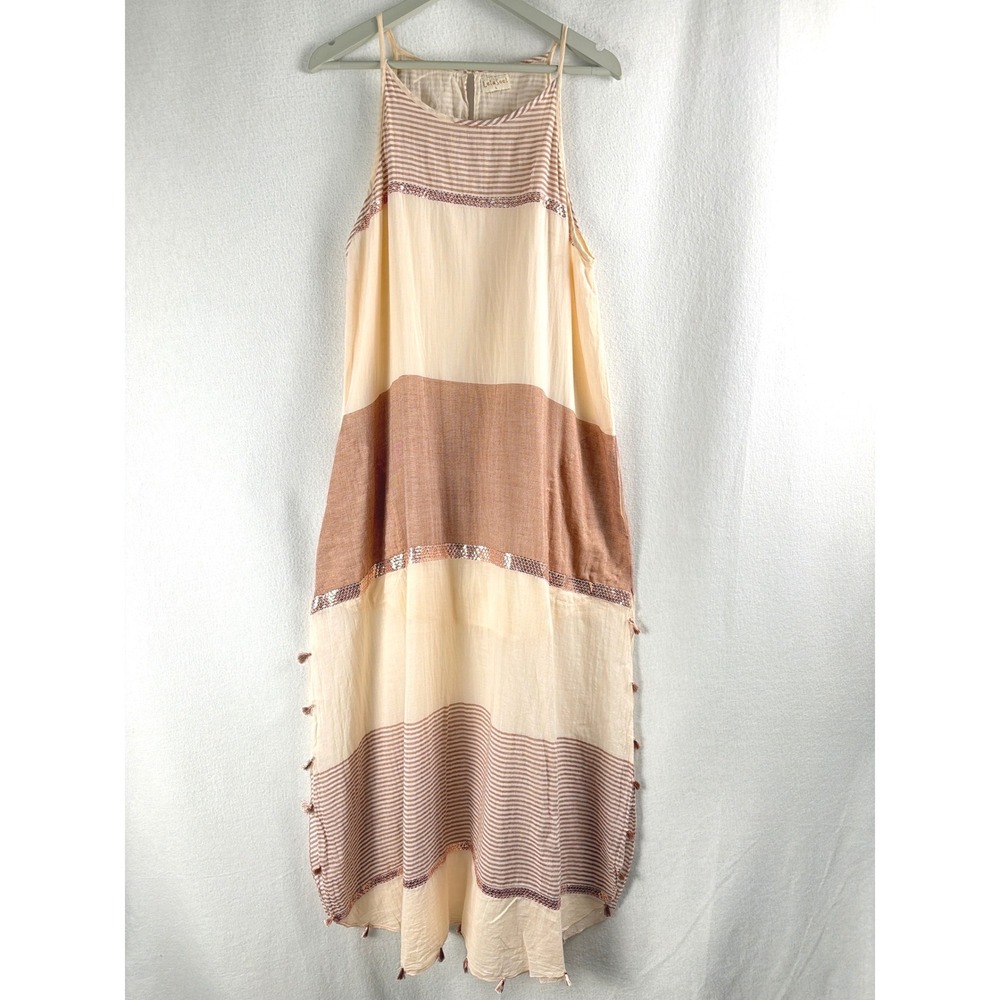 Lula Soul 100% Cotton Beachy Boho Tassel Trim Sundress Sz L Resort Quiet Luxury